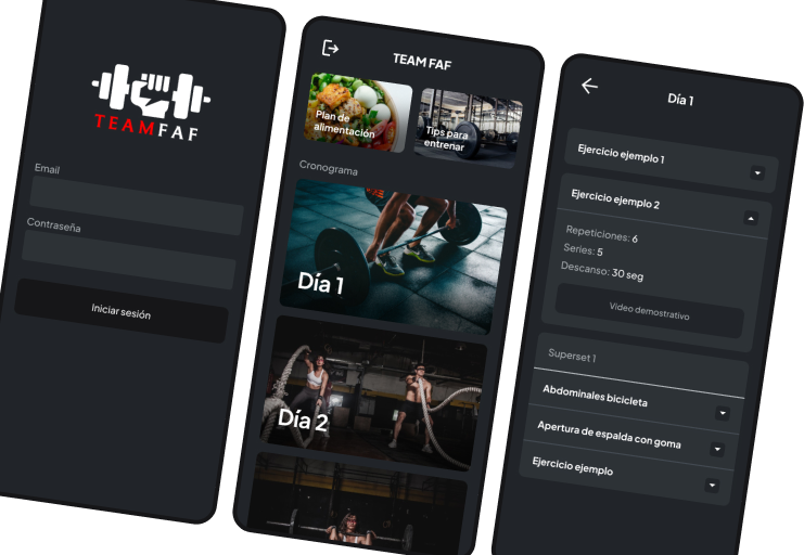 Three screens of the Team FAF mobile app: login, weekly schedule and a workout day